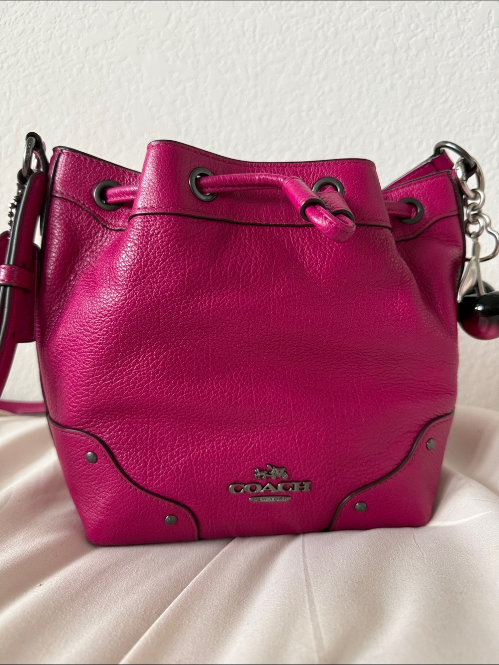 Coach Mickie Pebbled Leather Drawstring Bucket Bag - Hot Pink